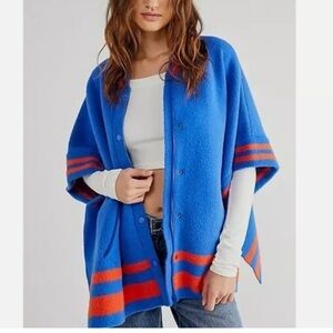 Anthropologie Free People Pep Rally Stipe Zip Button Poncho cape NEW blue orange